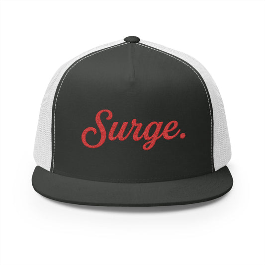 Surge Trucker Hat — Red Script on White
