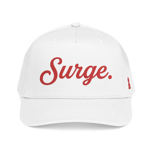 Surge. 5-Panel Cap — Red Embroidery on White, Black, or Natural