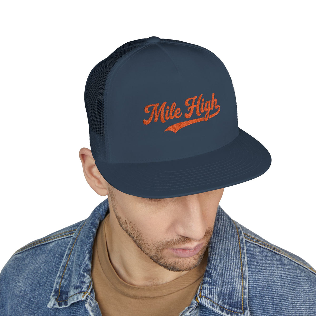 Mile High Tailgate Trucker Cap — Retro Script Mesh Snapback