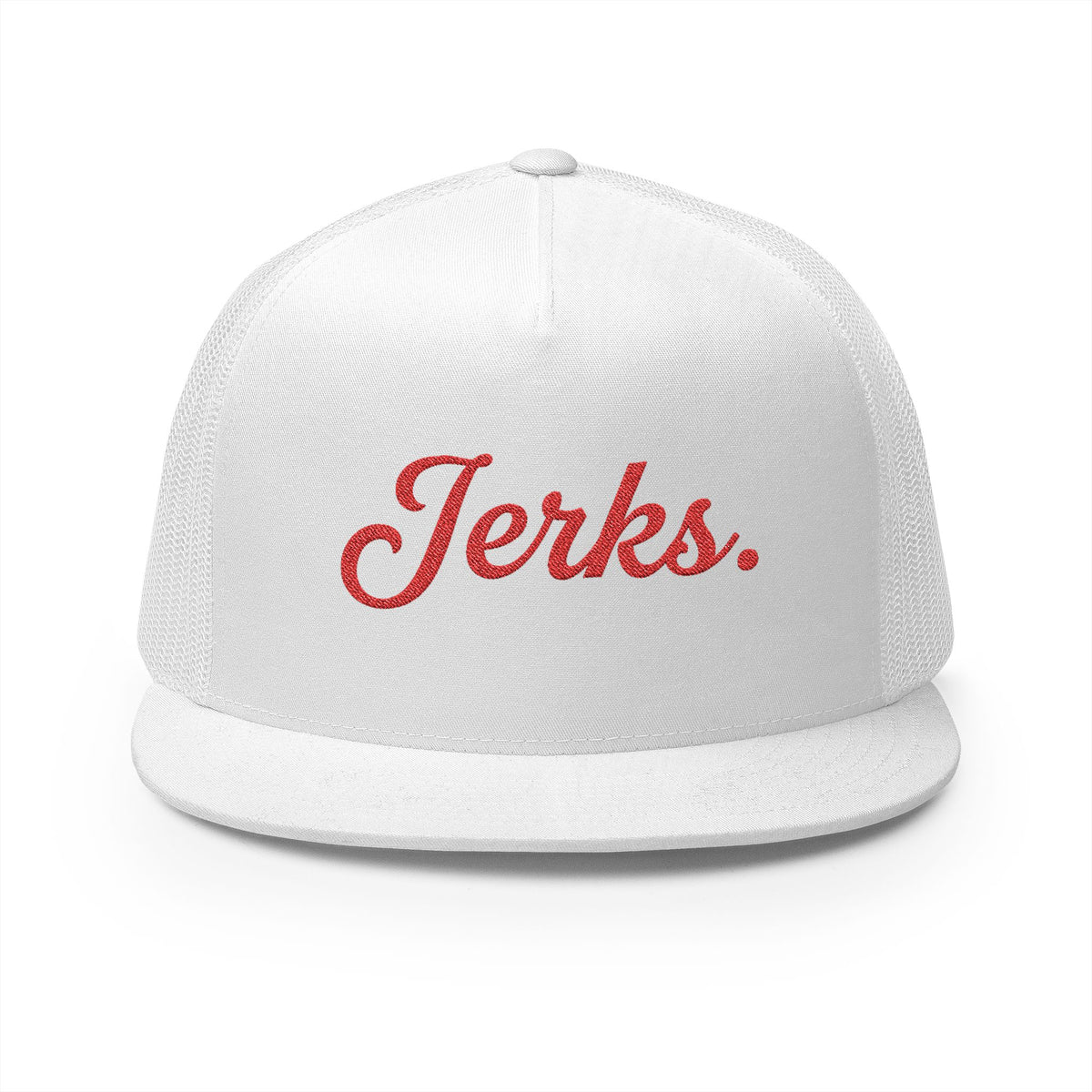 'Jerks.' Hockey Fan Tailgate Trucker Hat - Red Script Embroidery