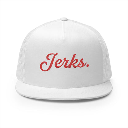 'Jerks.' Hockey Fan Tailgate Trucker Hat - Red Script Embroidery