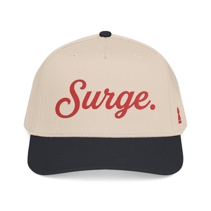 Surge. 5-Panel Cap — Red Embroidery on White, Black, or Natural