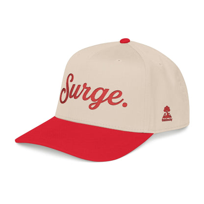 Surge. 5-Panel Cap — Red Embroidery on White, Black, or Natural