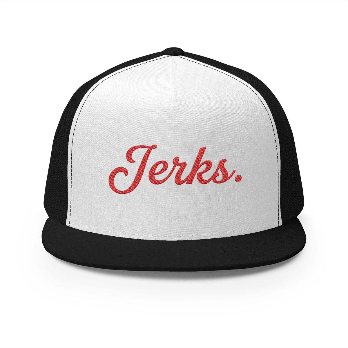 'Jerks.' Hockey Fan Tailgate Trucker Hat - Red Script Embroidery