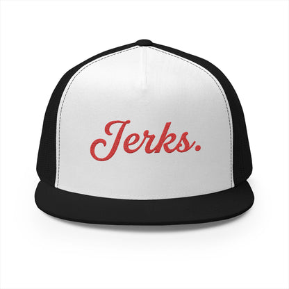 'Jerks.' Hockey Fan Tailgate Trucker Hat - Red Script Embroidery