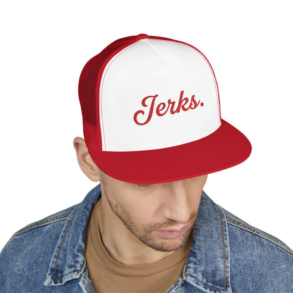 'Jerks.' Hockey Fan Tailgate Trucker Hat - Red Script Embroidery