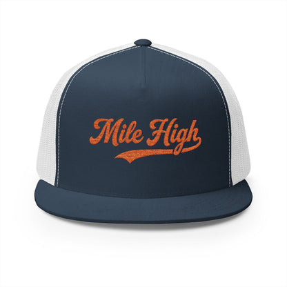 Mile High Tailgate Trucker Cap — Retro Script Mesh Snapback