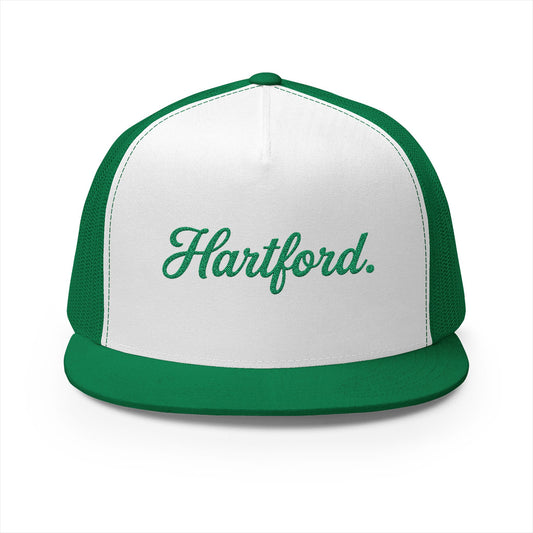 Hartford Hockey Trucker Hat — Embroidered Green Script Snapback