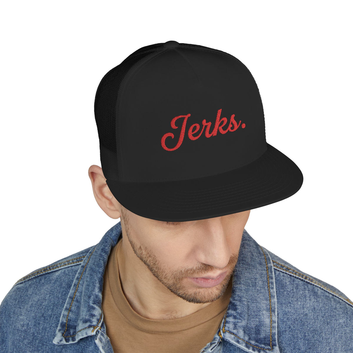'Jerks.' Hockey Fan Tailgate Trucker Hat - Red Script Embroidery