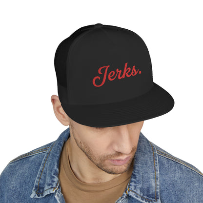 'Jerks.' Hockey Fan Tailgate Trucker Hat - Red Script Embroidery