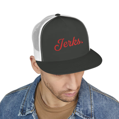 'Jerks.' Hockey Fan Tailgate Trucker Hat - Red Script Embroidery