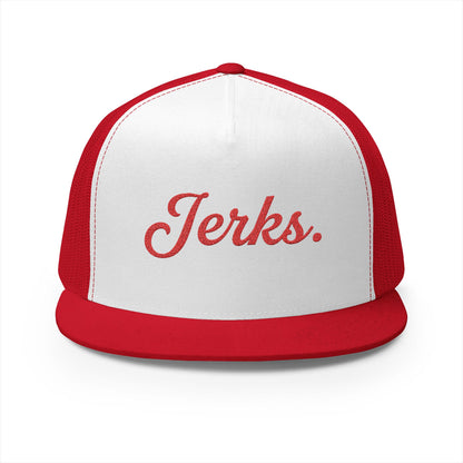 'Jerks.' Hockey Fan Tailgate Trucker Hat - Red Script Embroidery
