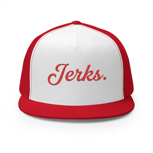 'Jerks.' Hockey Fan Tailgate Trucker Hat - Red Script Embroidery