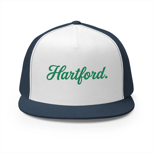 Hartford Hockey Trucker Hat — Embroidered Green Script Snapback
