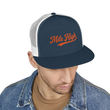 Mile High Tailgate Trucker Cap — Retro Script Mesh Snapback
