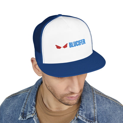 BluCifer Tailgate Trucker Hat — Red Eyes Logo 5-Panel Mesh Cap