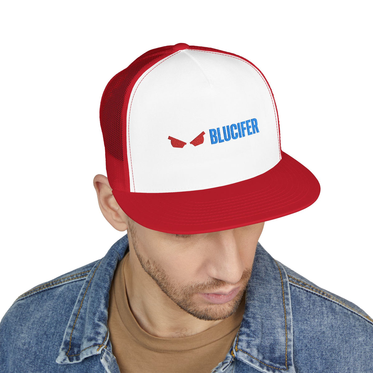 BluCifer Tailgate Trucker Hat — Red Eyes Logo 5-Panel Mesh Cap