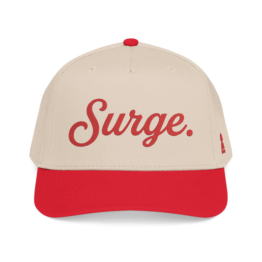 Surge. 5-Panel Cap — Red Embroidery on White, Black, or Natural
