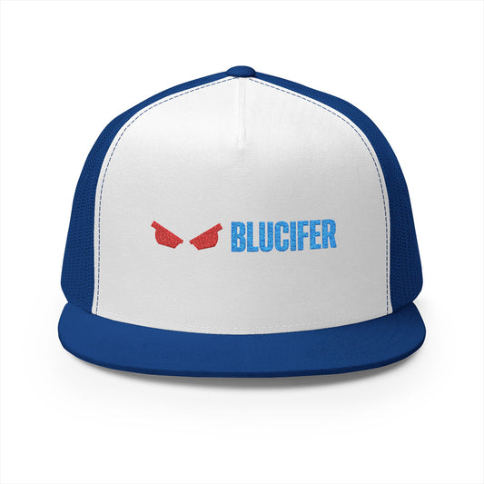 BluCifer Tailgate Trucker Hat — Red Eyes Logo 5-Panel Mesh Cap