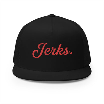 'Jerks.' Hockey Fan Tailgate Trucker Hat - Red Script Embroidery