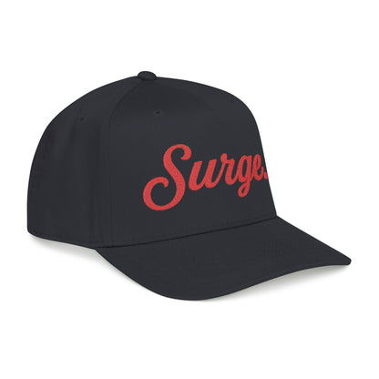 Surge. 5-Panel Cap — Red Embroidery on White, Black, or Natural