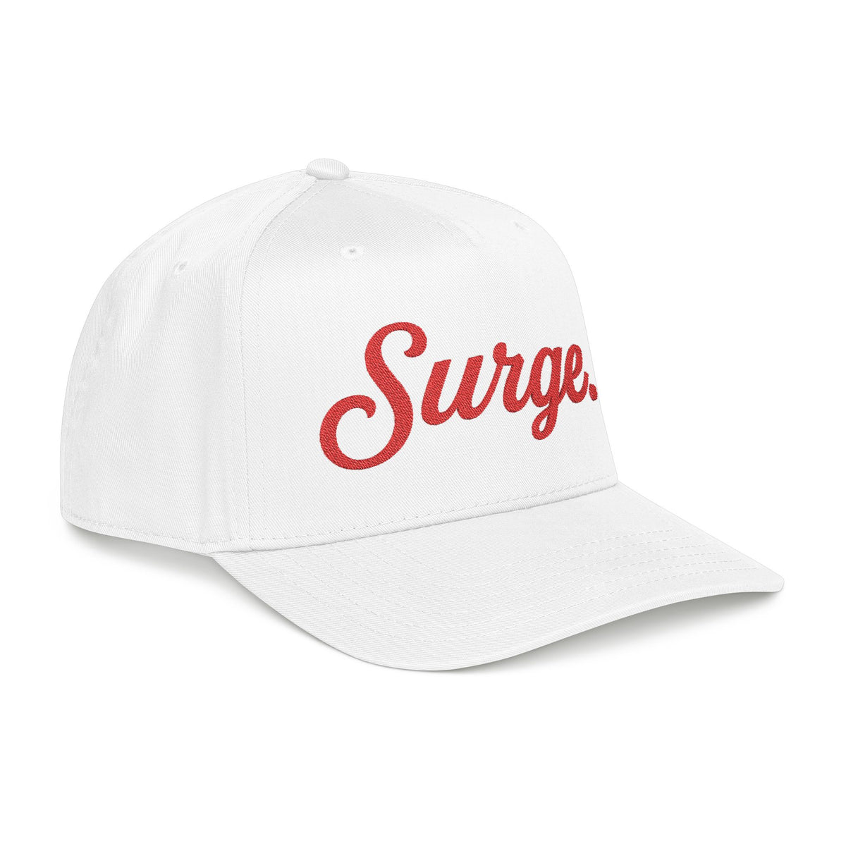 Surge. 5-Panel Cap — Red Embroidery on White, Black, or Natural