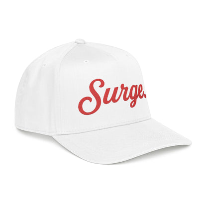 Surge. 5-Panel Cap — Red Embroidery on White, Black, or Natural