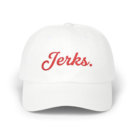 Jerks. Hockey Fan Saturday Morning Dad Cap - Embroidered Red Lettering