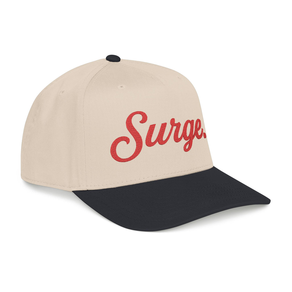 Surge. 5-Panel Cap — Red Embroidery on White, Black, or Natural