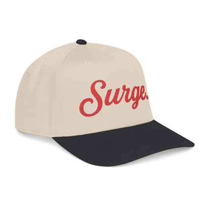 Surge. 5-Panel Cap — Red Embroidery on White, Black, or Natural