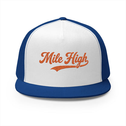 Mile High Tailgate Trucker Cap — Retro Script Mesh Snapback