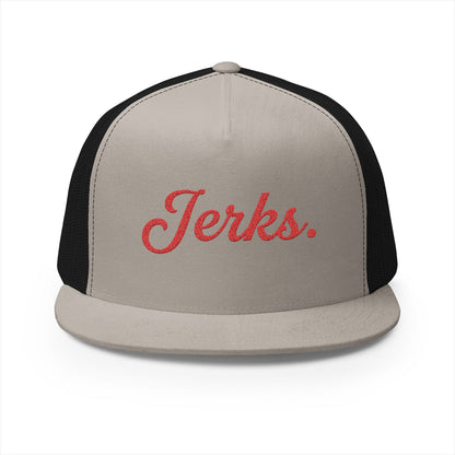 'Jerks.' Hockey Fan Tailgate Trucker Hat - Red Script Embroidery