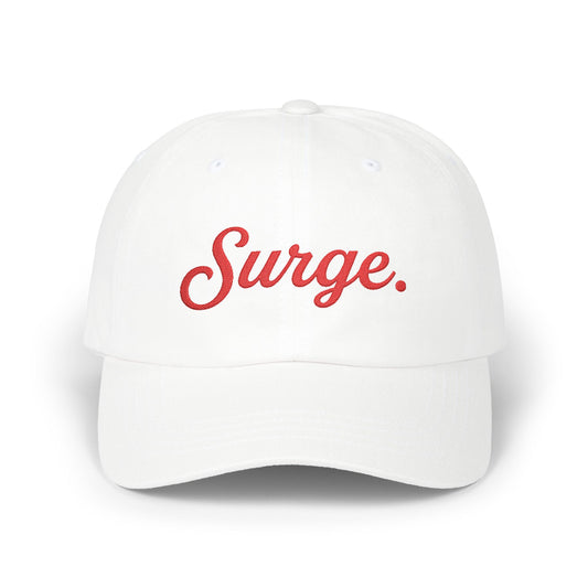Surge. Hockey Fan Saturday Morning Dad Hat — Red Embroidery on White, Black, or Stone