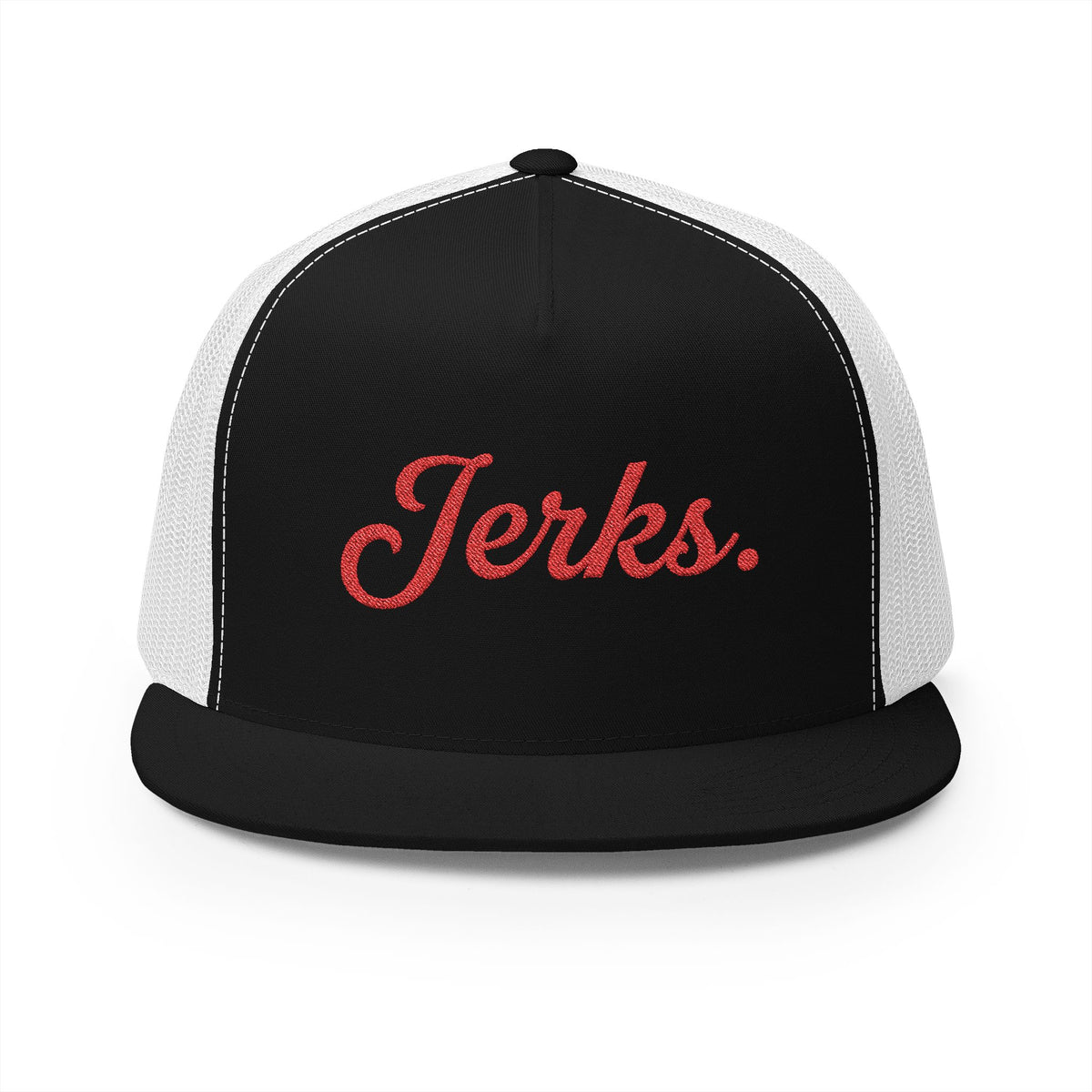 'Jerks.' Hockey Fan Tailgate Trucker Hat - Red Script Embroidery