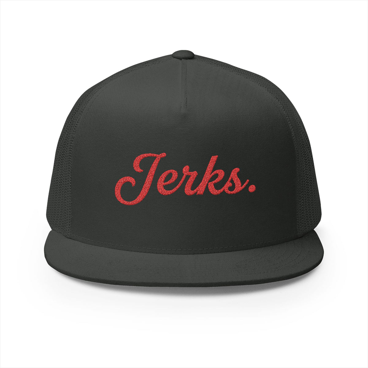 'Jerks.' Hockey Fan Tailgate Trucker Hat - Red Script Embroidery