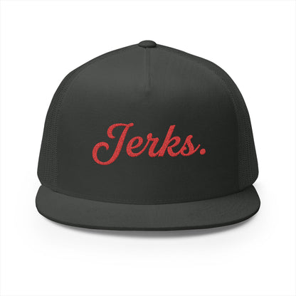 'Jerks.' Hockey Fan Tailgate Trucker Hat - Red Script Embroidery