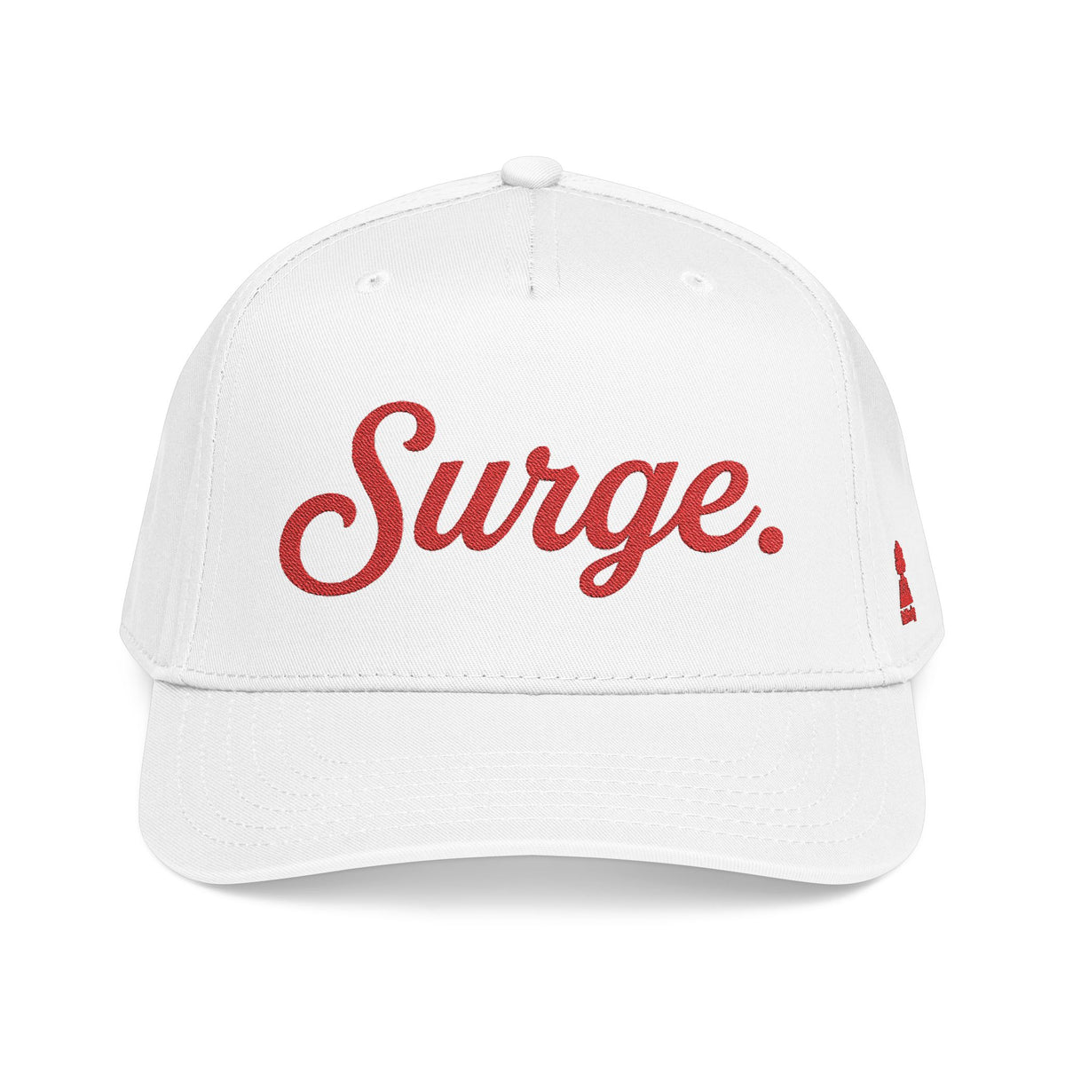 Surge. 5-Panel Cap — Red Embroidery on White, Black, or Natural