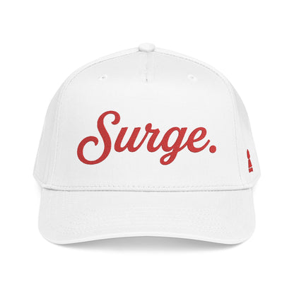 Surge. 5-Panel Cap — Red Embroidery on White, Black, or Natural