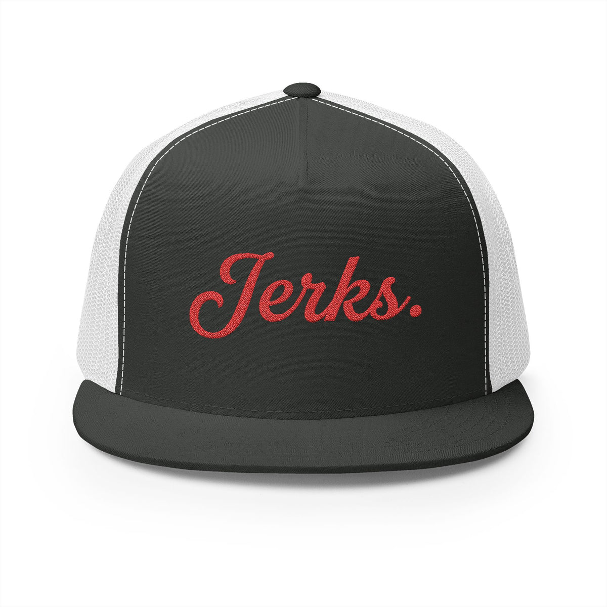 'Jerks.' Hockey Fan Tailgate Trucker Hat - Red Script Embroidery