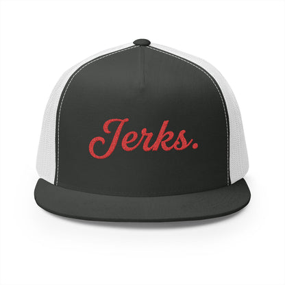 'Jerks.' Hockey Fan Tailgate Trucker Hat - Red Script Embroidery