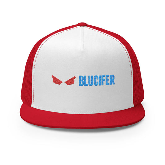 BluCifer Tailgate Trucker Hat — Red Eyes Logo 5-Panel Mesh Cap