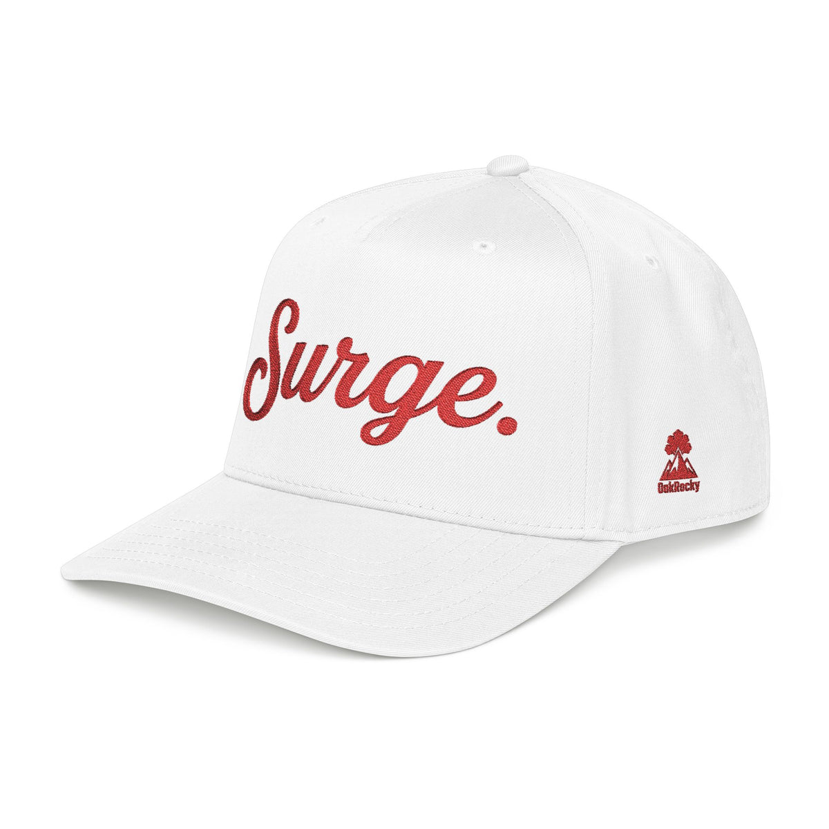 Surge. 5-Panel Cap — Red Embroidery on White, Black, or Natural