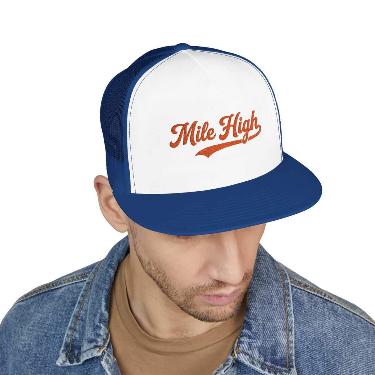 Mile High Tailgate Trucker Cap — Retro Script Mesh Snapback