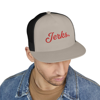 'Jerks.' Hockey Fan Tailgate Trucker Hat - Red Script Embroidery