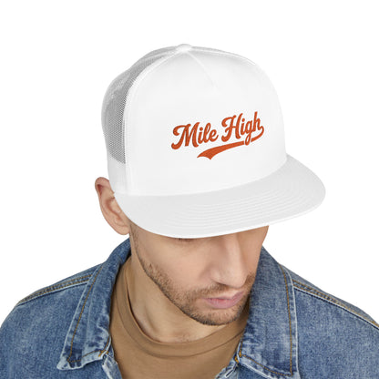 Mile High Tailgate Trucker Cap — Retro Script Mesh Snapback