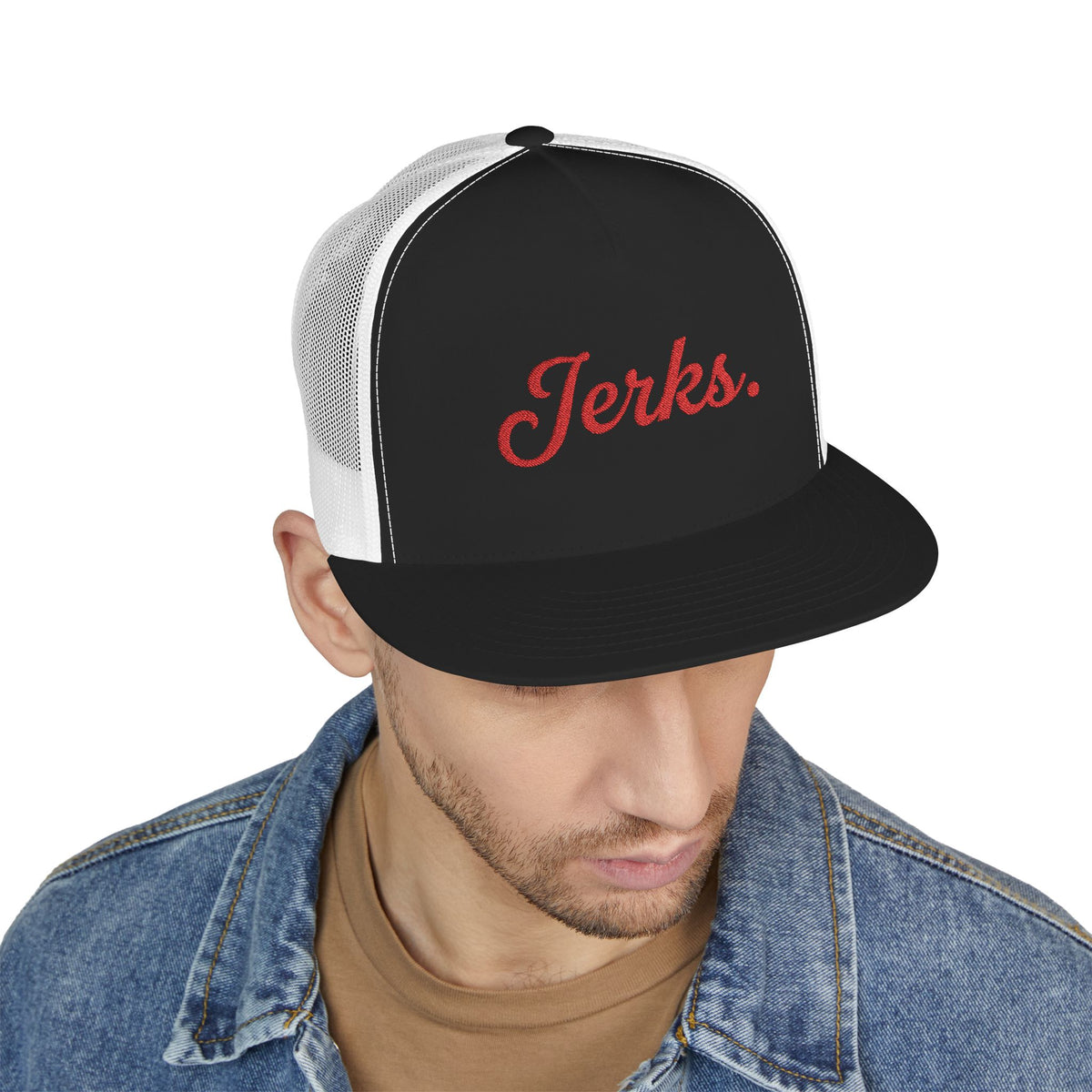 'Jerks.' Hockey Fan Tailgate Trucker Hat - Red Script Embroidery