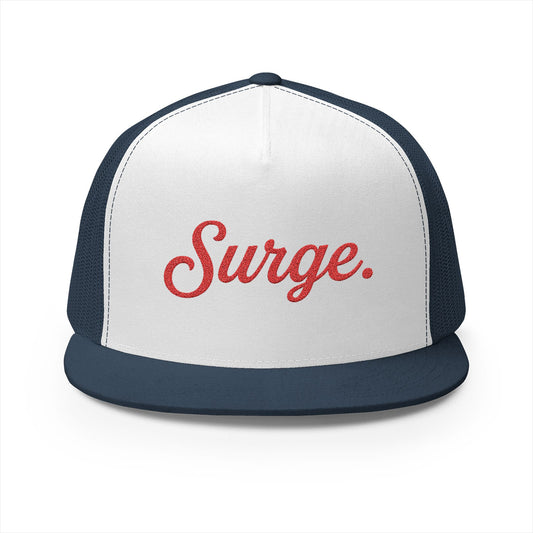 Surge Trucker Hat — Red Script on White