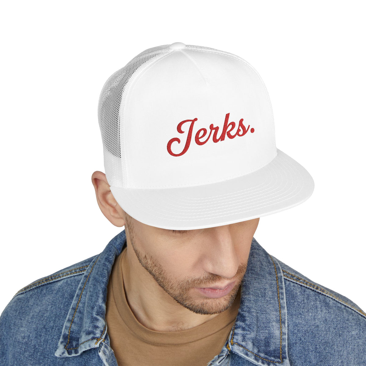 'Jerks.' Hockey Fan Tailgate Trucker Hat - Red Script Embroidery