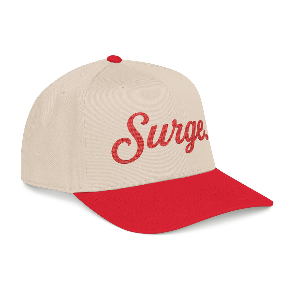 Surge. 5-Panel Cap — Red Embroidery on White, Black, or Natural